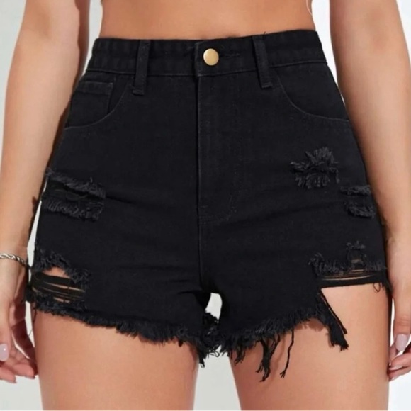 SHEIN Pants - SHEIN High Waist Distressed Black Denim Shorts